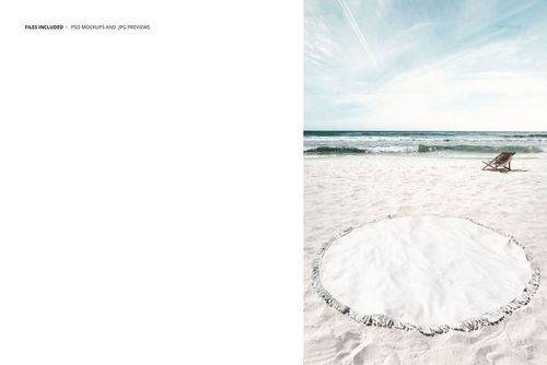 Circular beach towel mockup with fringe edges shown on a bright sandy beach, sea waves and deck chair nearby.