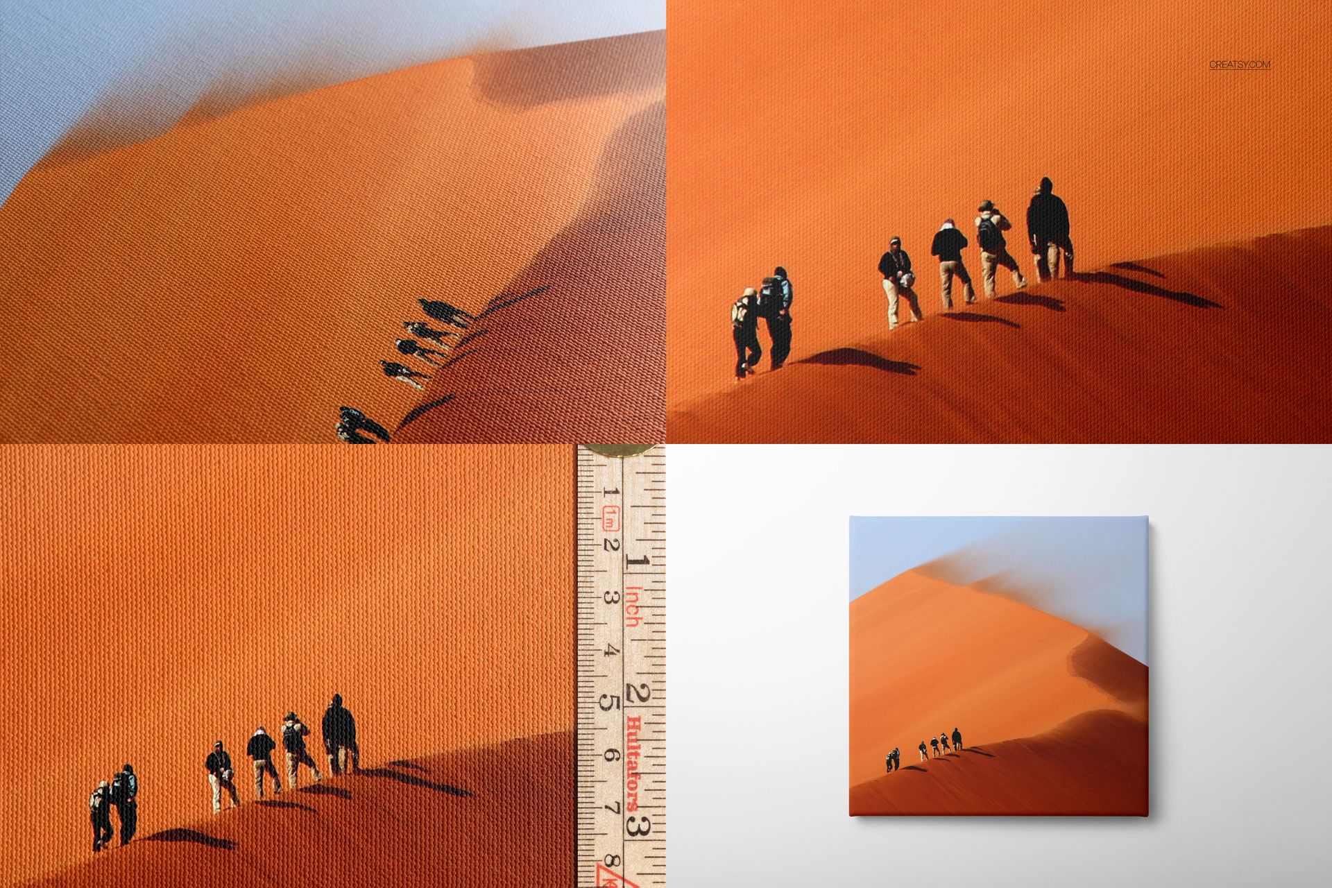 Gallery wrap canvas mockup displaying an orange sand dune scene with figures, including a close-up of the textured surface.