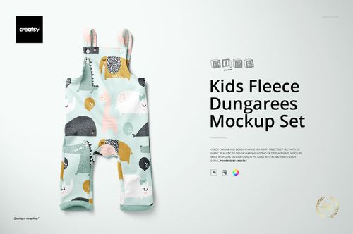 Kids fleece dungarees mockup featuring soft green, peach, and gray tones with playful animal prints, laid flat.