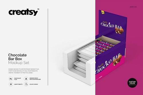 Front view of a chocolate bar box mockup with purple packaging, open to display several individually wrapped bars inside.