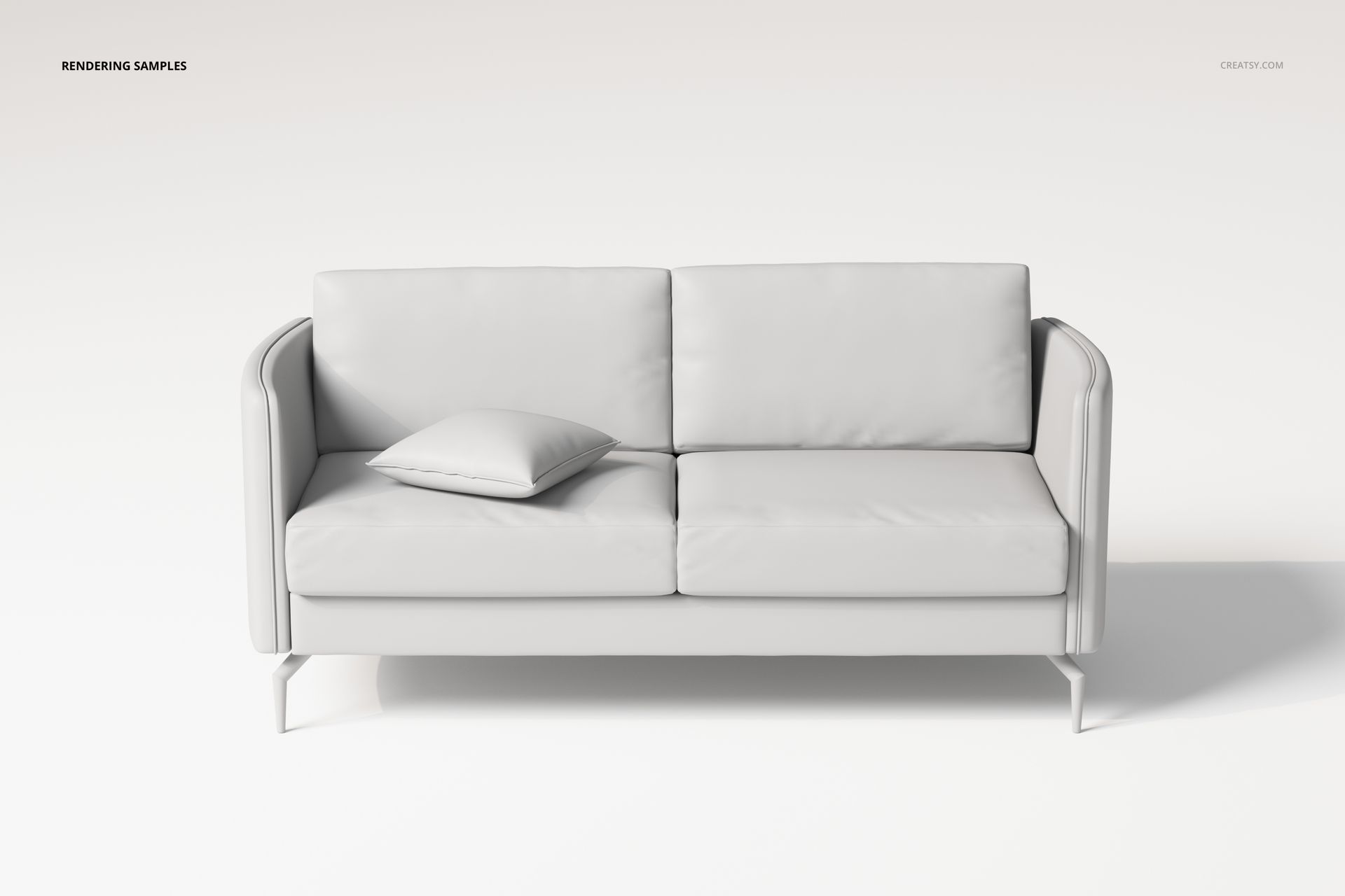 Minimalistic modern sofa in light gray color, front view, with a single cushion on the left seat, set against a white background.