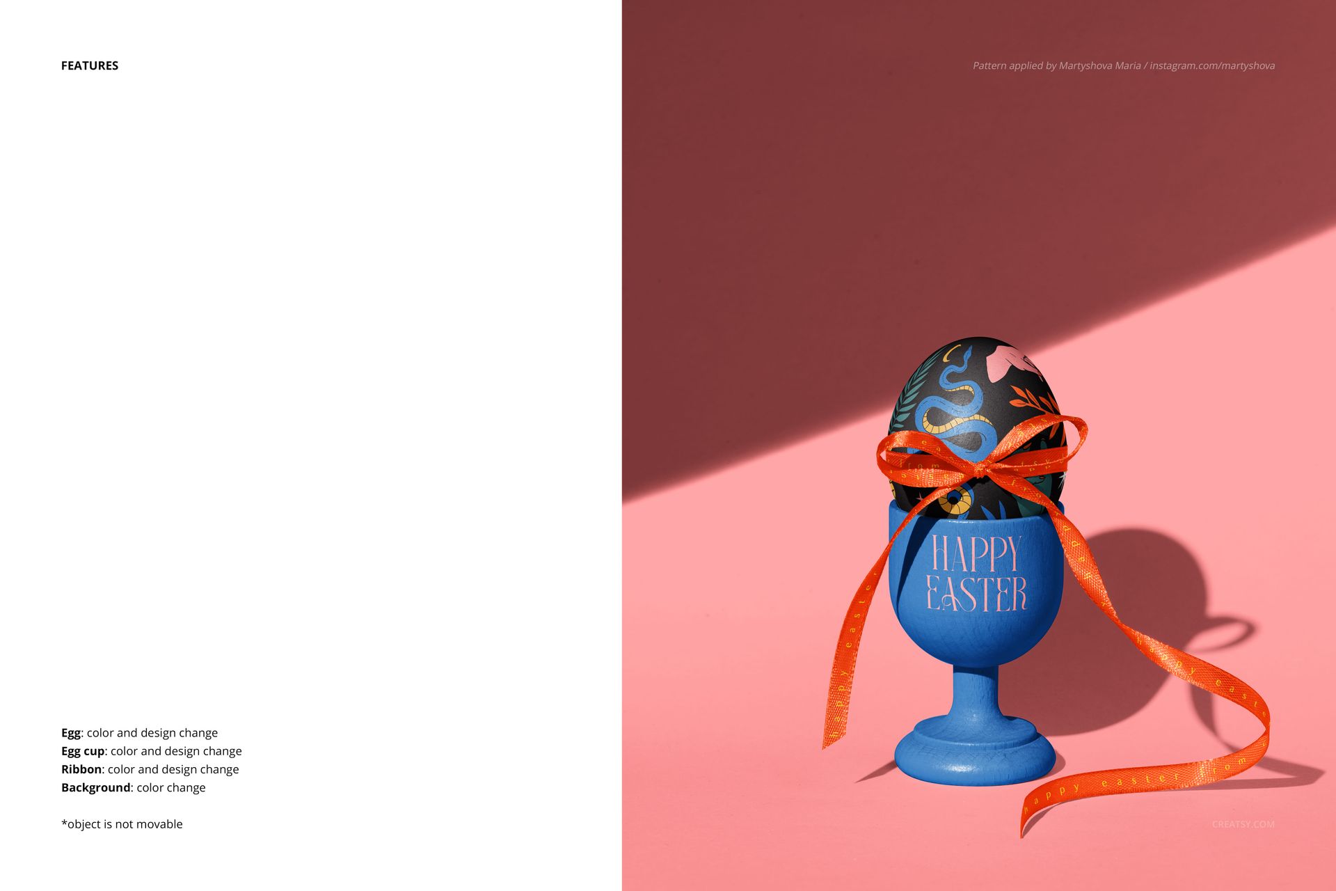 Mockup of a blue Easter egg with orange ribbon and gold designs in a blue egg holder, set against a pink background.