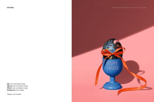 Mockup of a blue Easter egg with orange ribbon and gold designs in a blue egg holder, set against a pink background.