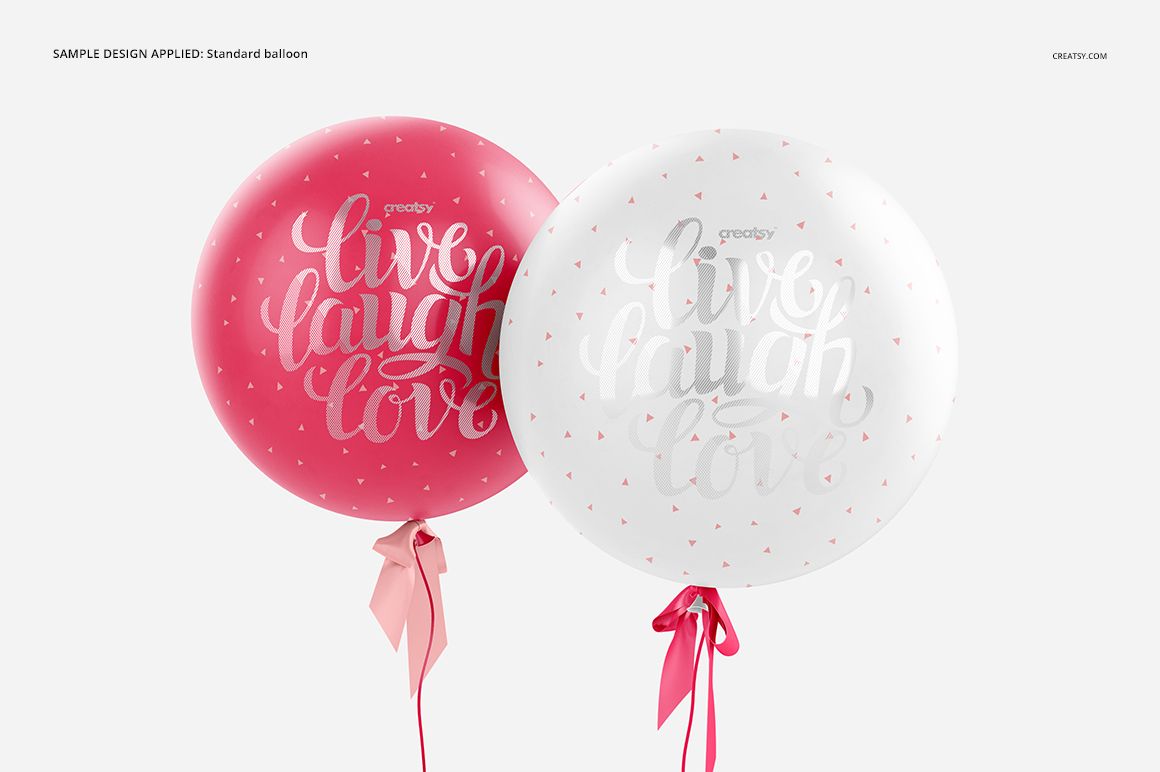 Sphere balloon mockup showing pink and white balloons with metallic lettering and heart motifs, ribbons attached below.