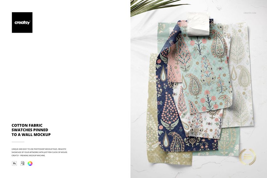 Cotton Fabric Swatches Pinned to a Wall Mockup - mockup screenshot 1