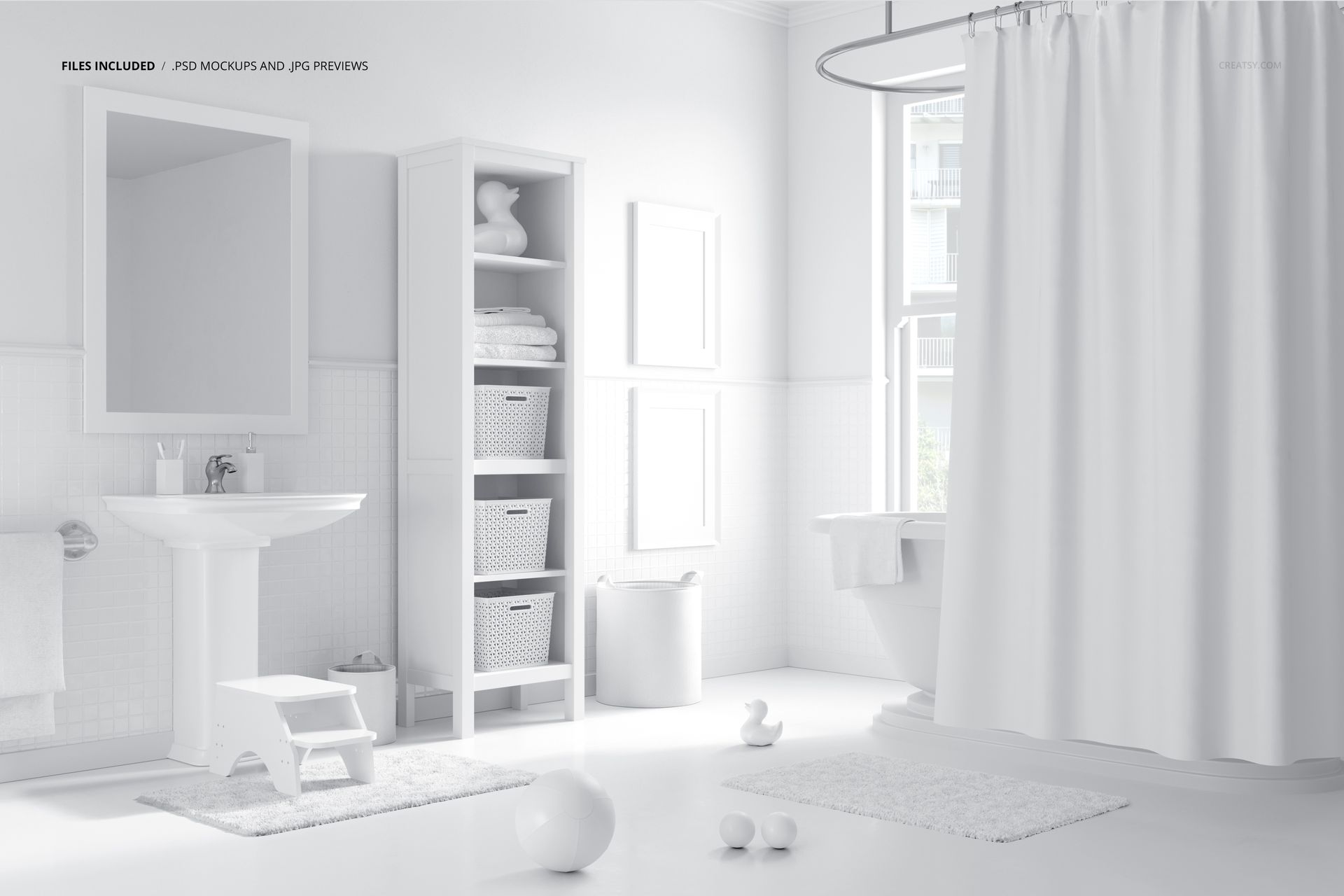 White shower curtain in a kids bathroom mockup, shown from a front angle with shelving and bath accessories.