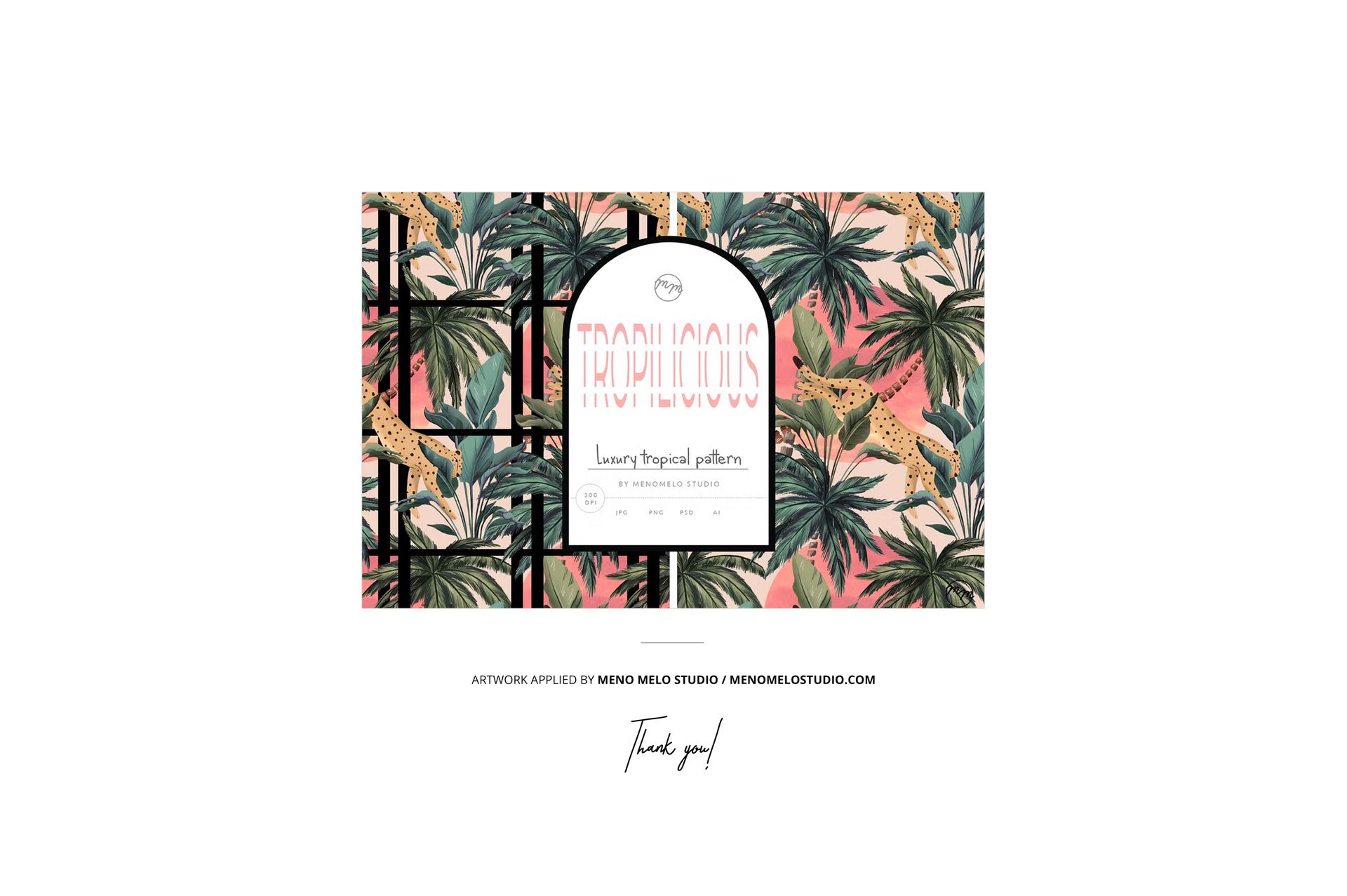 Flat canvas pouch with fabric zipper pull featuring a tropical leaf and leopard pattern, shown in a front view mockup.