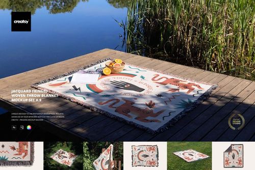 PSD mockup of a patterned jacquard throw blanket displayed outdoors on a dock, with lakeside scenery in the background.