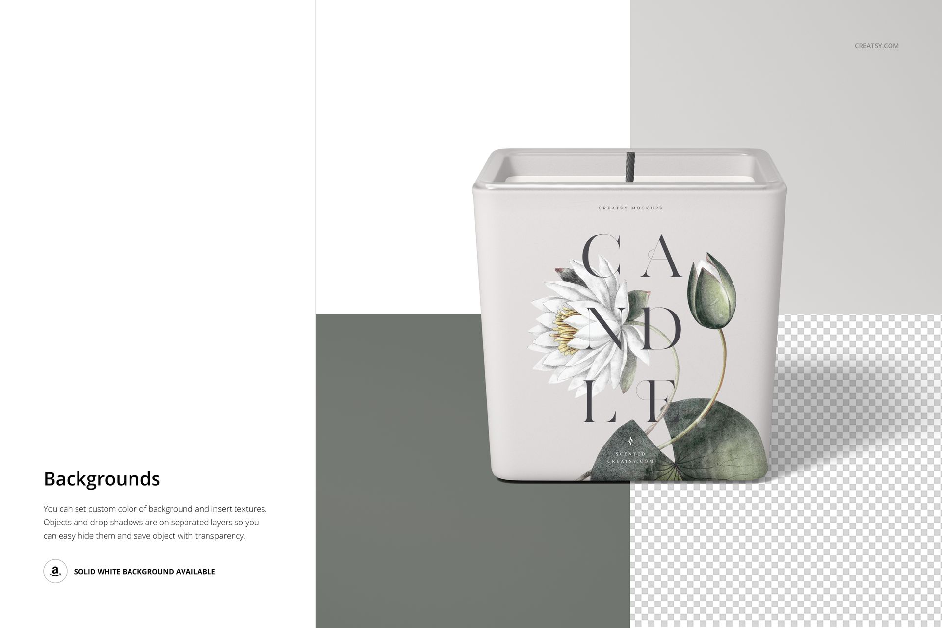 Front view of a square candle mockup featuring a botanical label, placed on a divided gray and white backdrop.