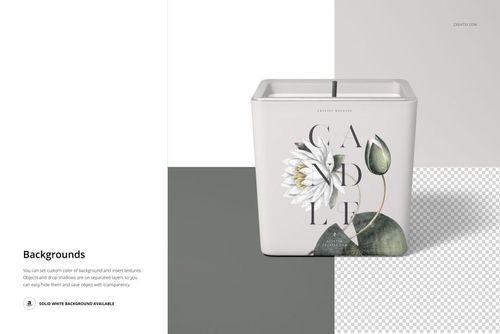 Front view of a square candle mockup featuring a botanical label, placed on a divided gray and white backdrop.