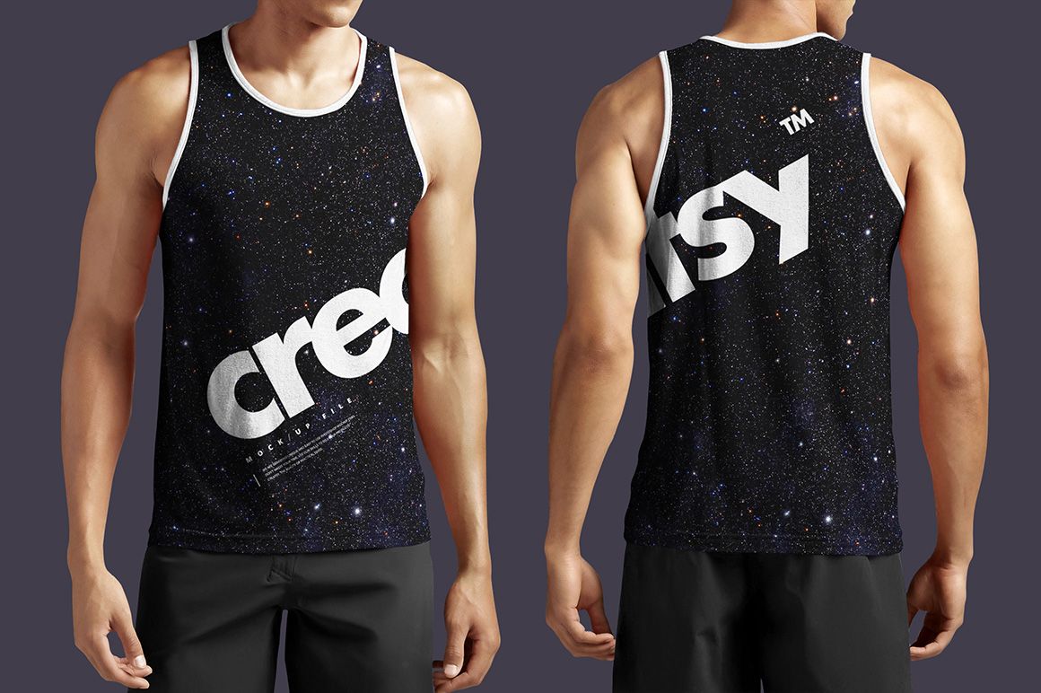 Men's tank top mockup showing front and back views, featuring a black starry pattern with bold white text.