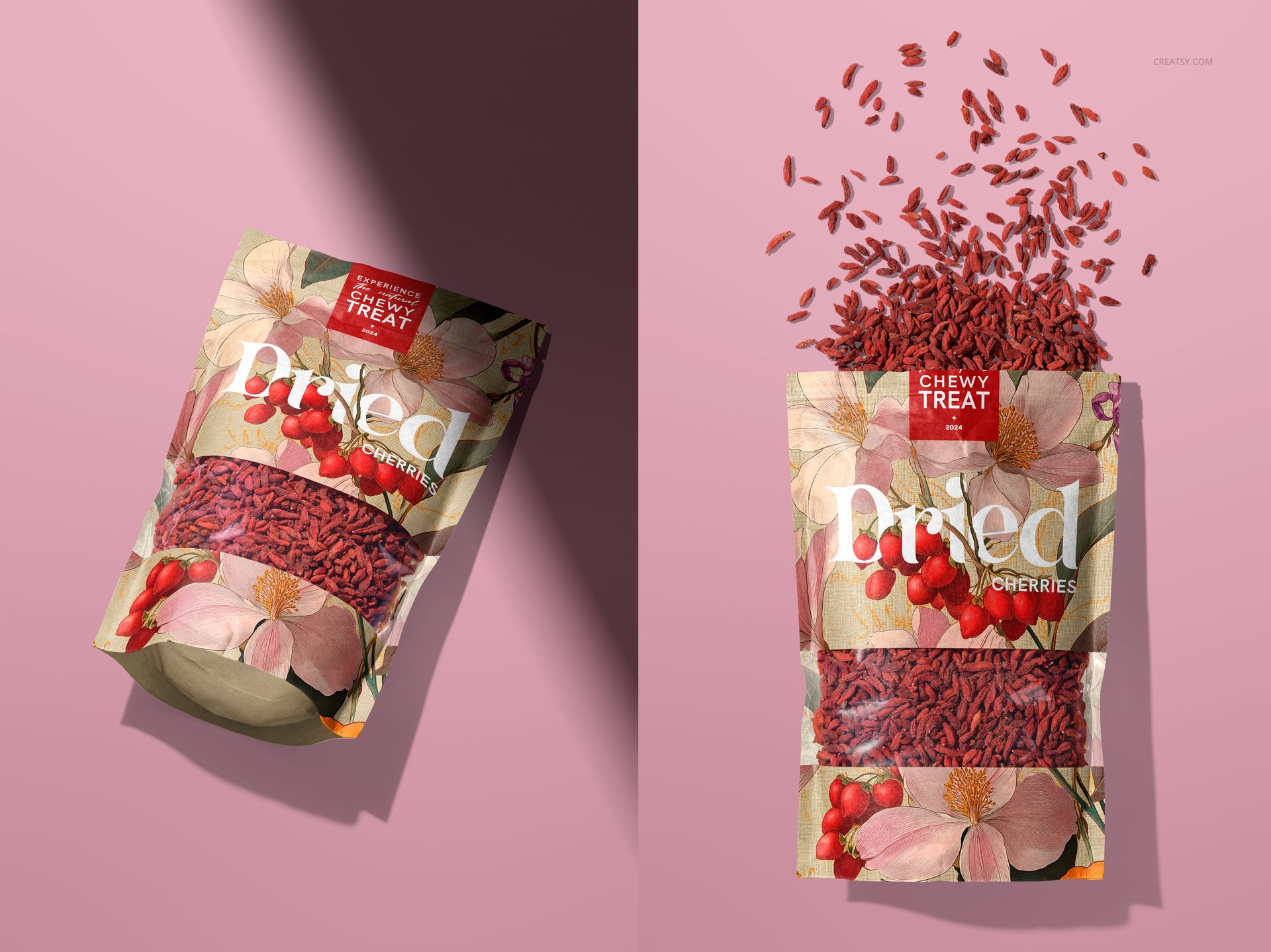 PSD mockup showing a floral paper pouch of dried goji berries, with berries scattered above, on a pink surface.