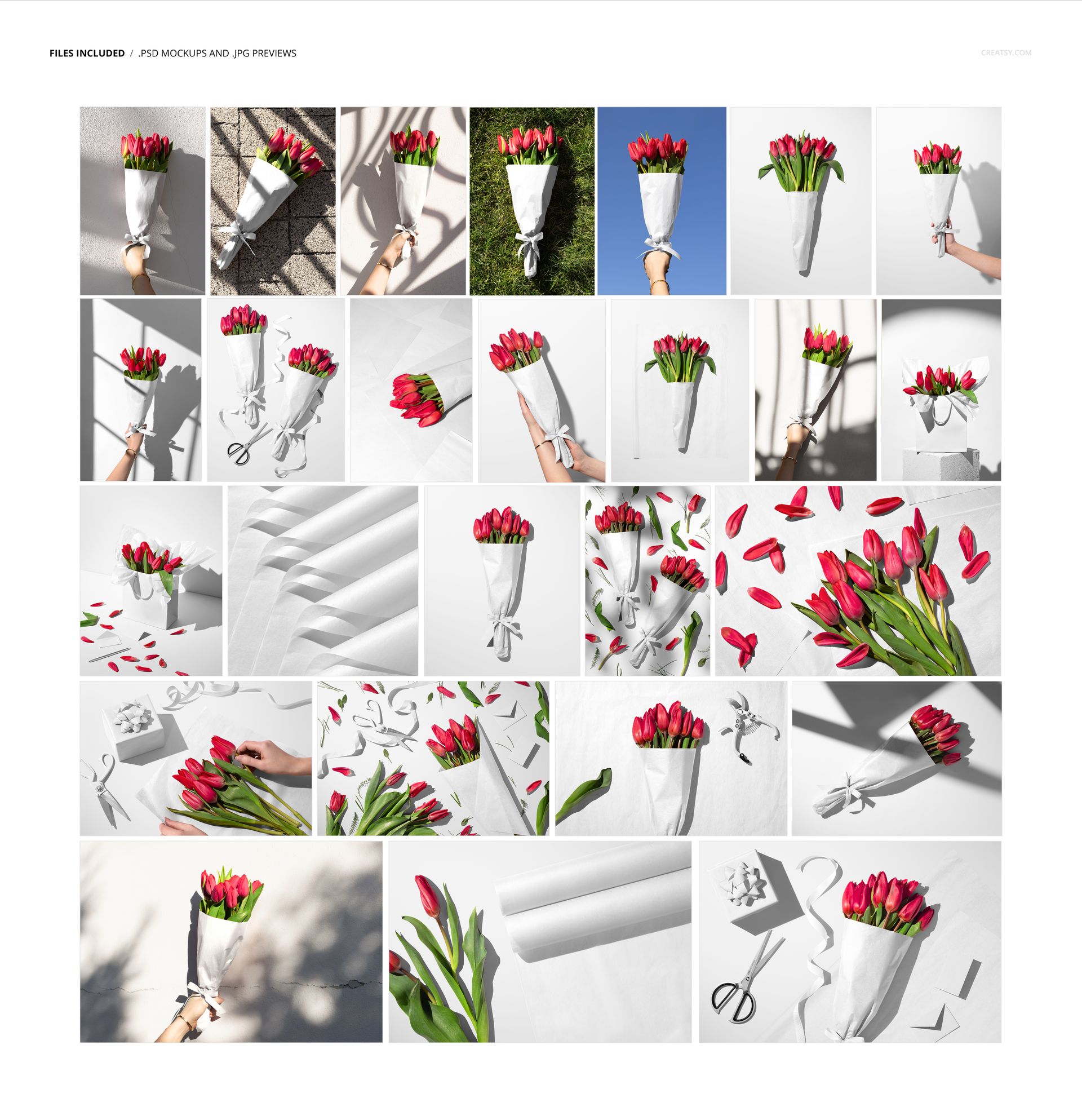 PSD mockup set featuring pink tulip bouquets wrapped in white paper, displayed in different lighting and angles.