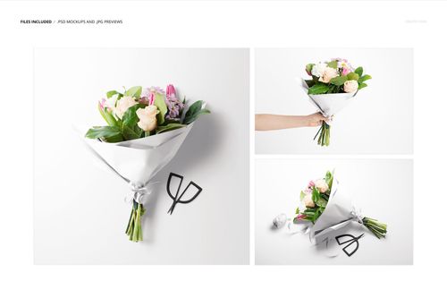 Flowers packaging mockup featuring a hand holding a bouquet in white wrapping, displayed with scissors and ribbon props.
