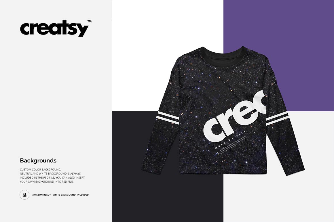 Kids long sleeve shirt mockup with a black starry pattern, front view, displayed on a geometric color block background.