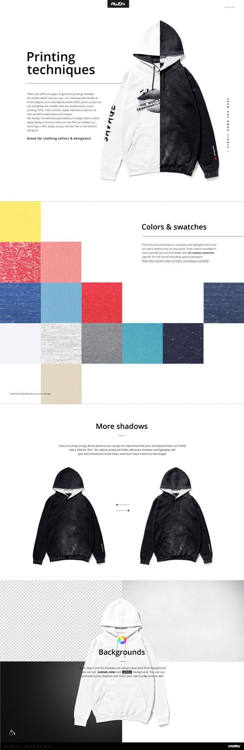 Front view of a split black and white adult hoodie mockup, displayed on a white background with printing technique details.