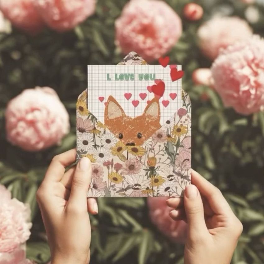 Close-up of hands presenting a card mockup with a fox and heart design, set against blooming pink peonies in the background.