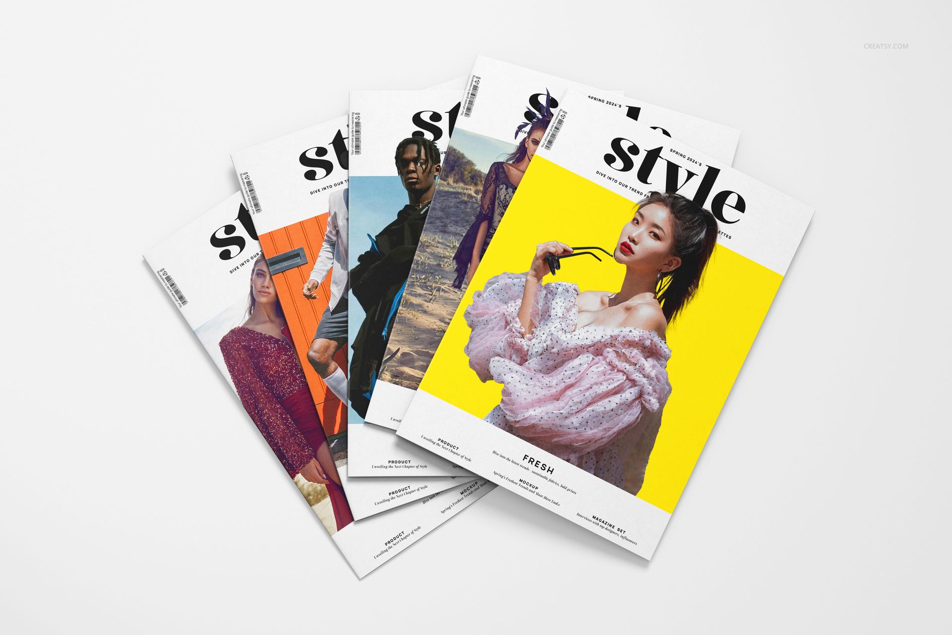 Set of four A4 magazine mockups displayed from above, showcasing vibrant covers with stylish photo designs.