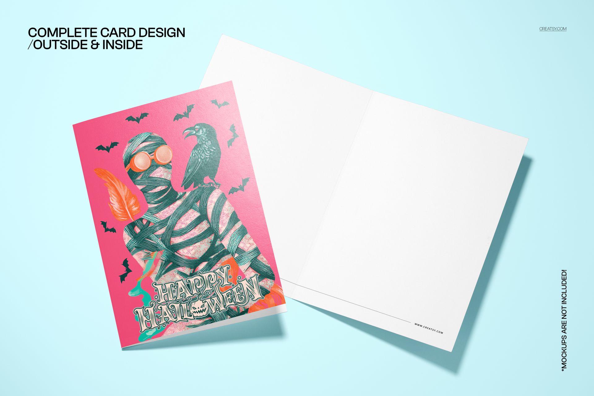 Front view of a Halloween card mockup featuring a mummy creature, crows, bats, and orange flames on a pink background.