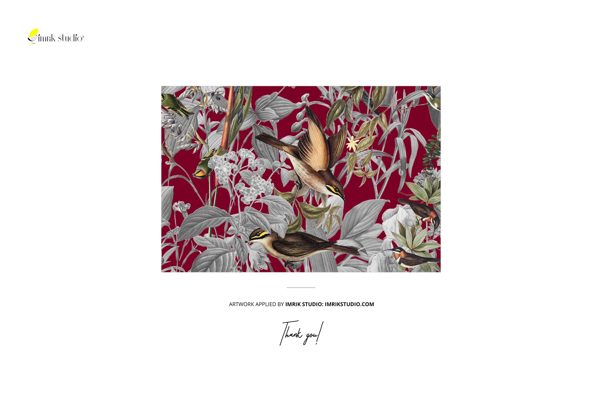 Front view of a folded jersey fabric mockup with festive foliage and birds on a deep red backdrop.