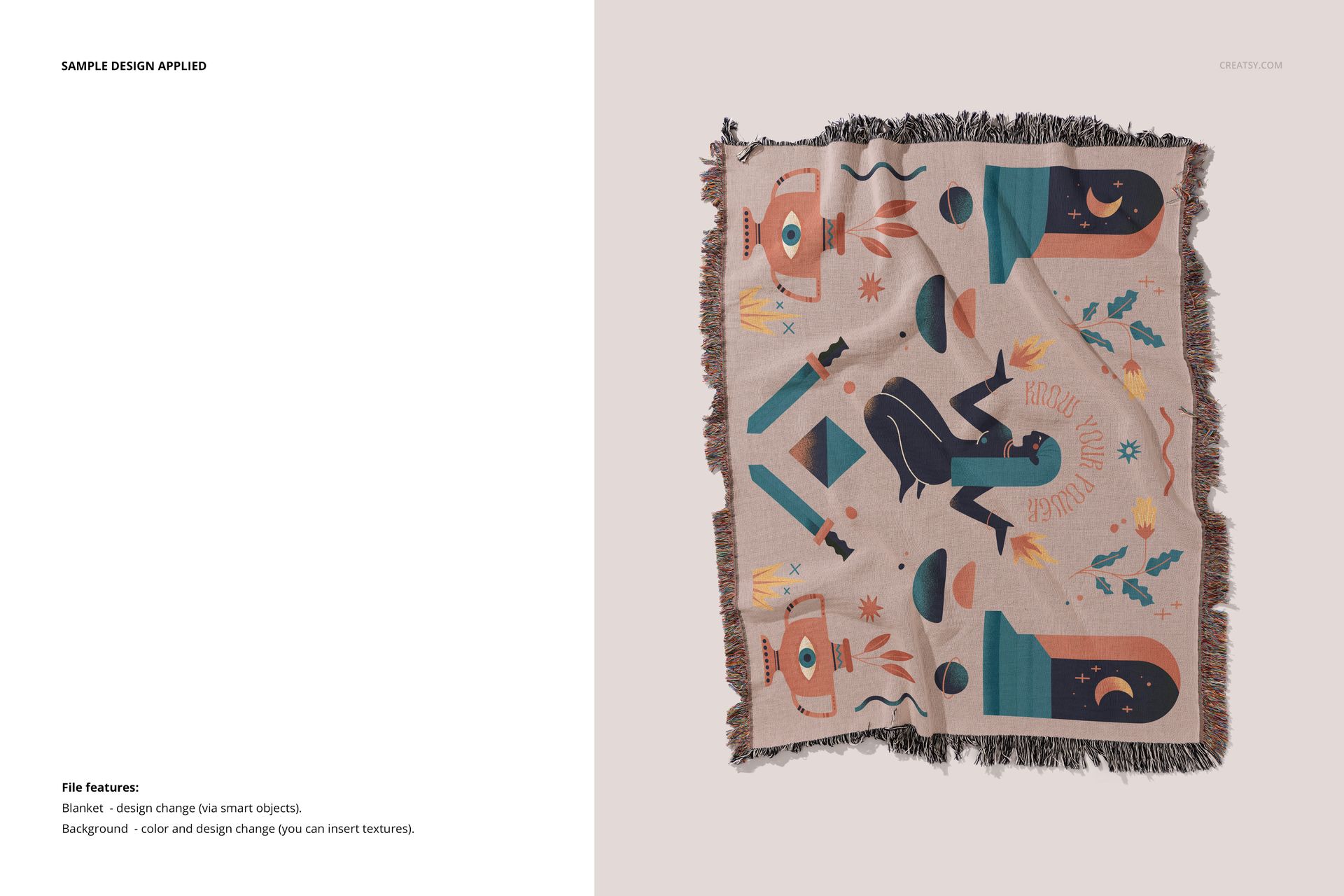 Top view of a woven throw blanket mockup featuring colorful abstract patterns and fringed edges on a light surface.
