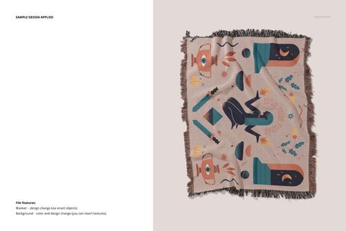 Top view of a woven throw blanket mockup featuring colorful abstract patterns and fringed edges on a light surface.