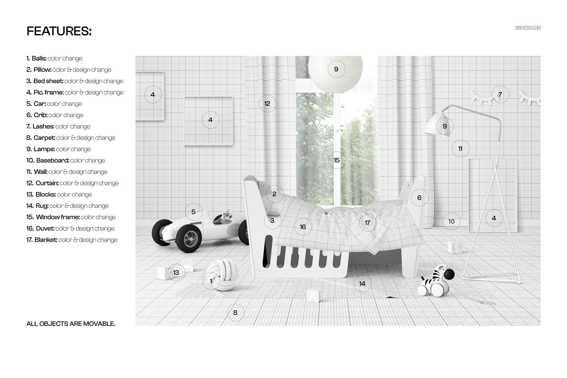 PSD mockup showing a toddler bed with minimalist white furnishings, grid-patterned walls, and soft natural light.