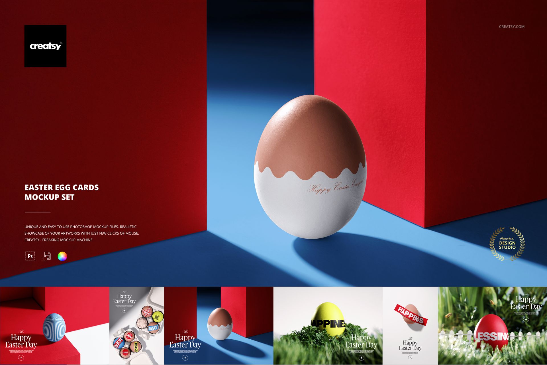Easter egg card mockup featuring a realistic egg with a brown and white pattern, displayed between red panels.