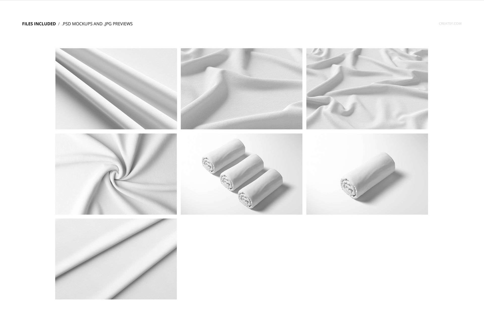 Double brushed polyester fabric mockup set showing white fabric in various folded and rolled arrangements on a plain background.