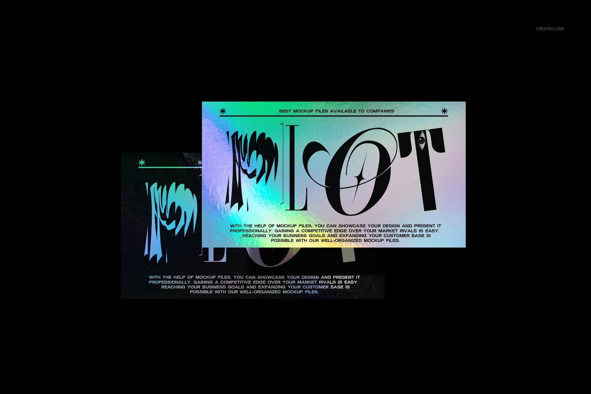Front view of two PSD mockup business cards featuring holographic surfaces and striking abstract designs.
