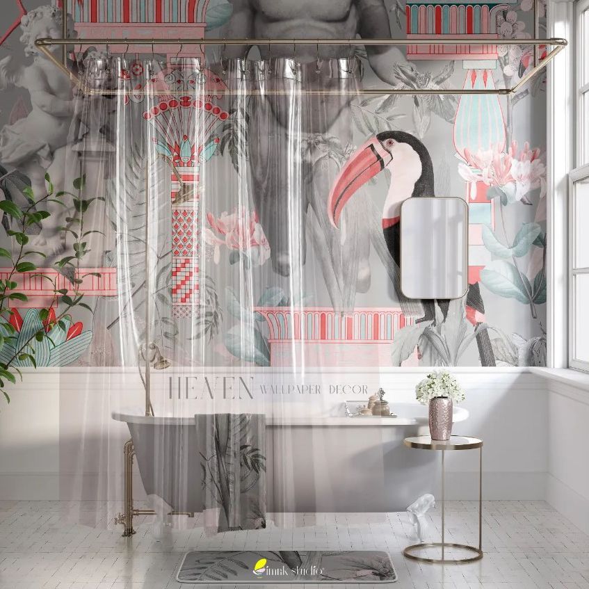 Transparent shower curtain mockup in a bathroom with a freestanding tub, tropical bird wallpaper, and gold fixtures.