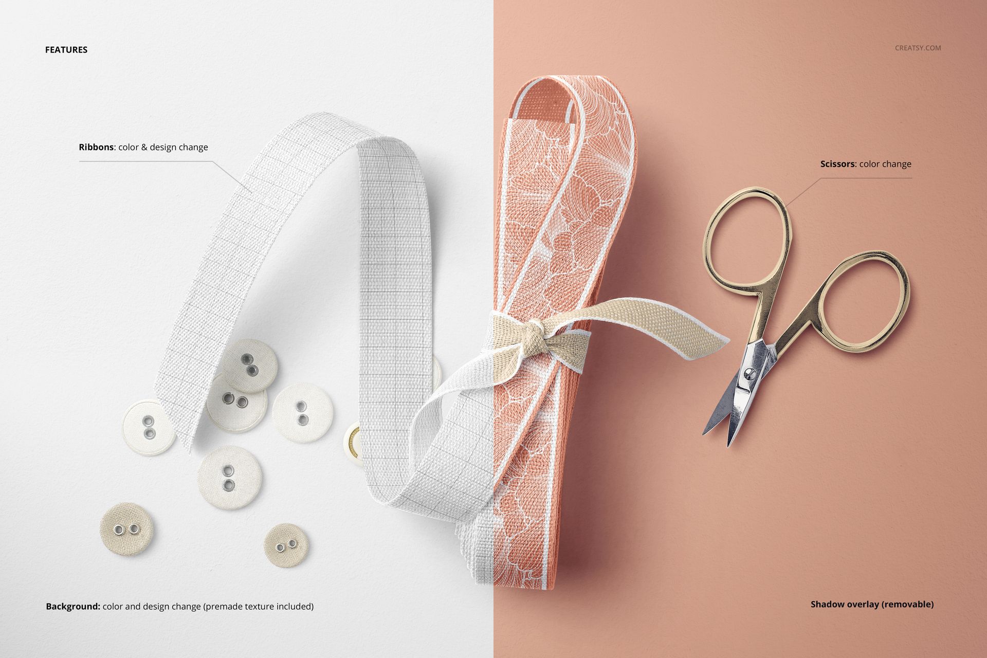Top view of small scissors and cotton ribbon mockup with buttons on a split white and peach background.