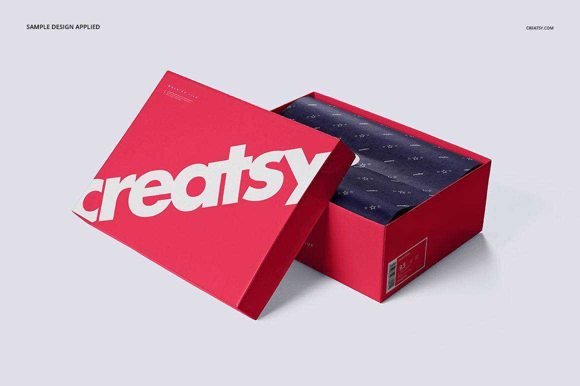 Shoe box mockup featuring a red box with white lettering, viewed from a front angle with the lid ajar.