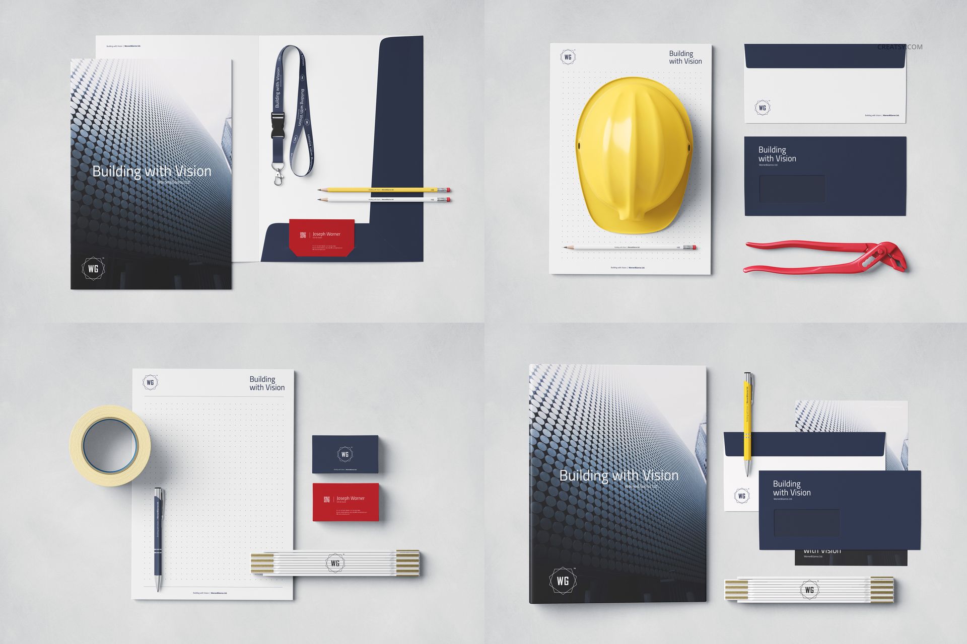 Construction company identity mockup set with stationery, business cards, hard hat, and lanyard on a light surface.