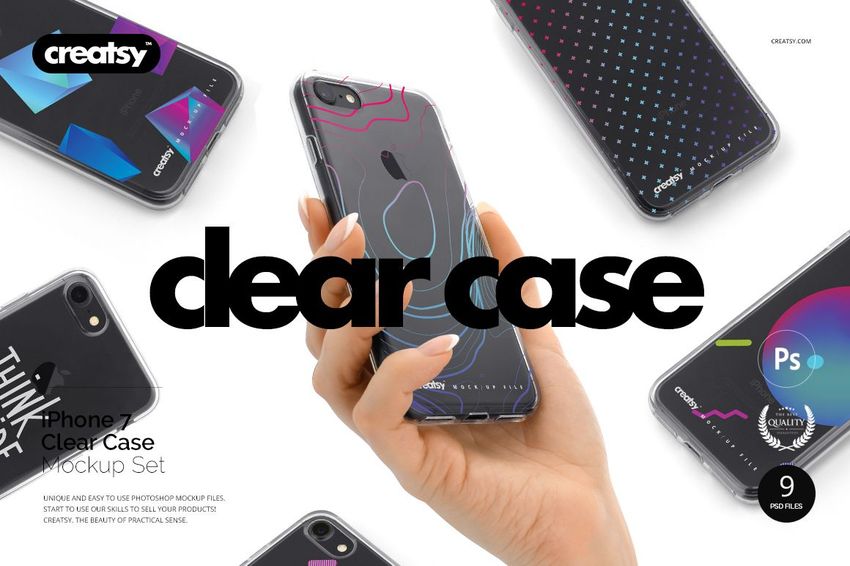 Hand holding a clear iPhone 7 case with abstract colorful line design, surrounded by multiple case mockups on a white background.