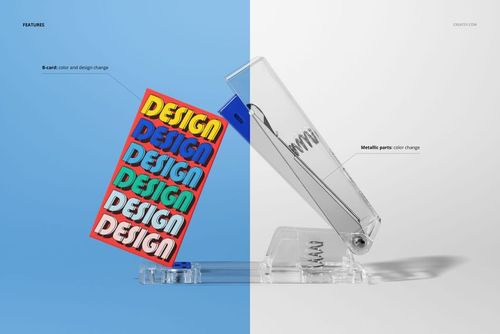 Transparent stapler mockup holding a colorful business card with repeated design text, shown on a split white and blue background.