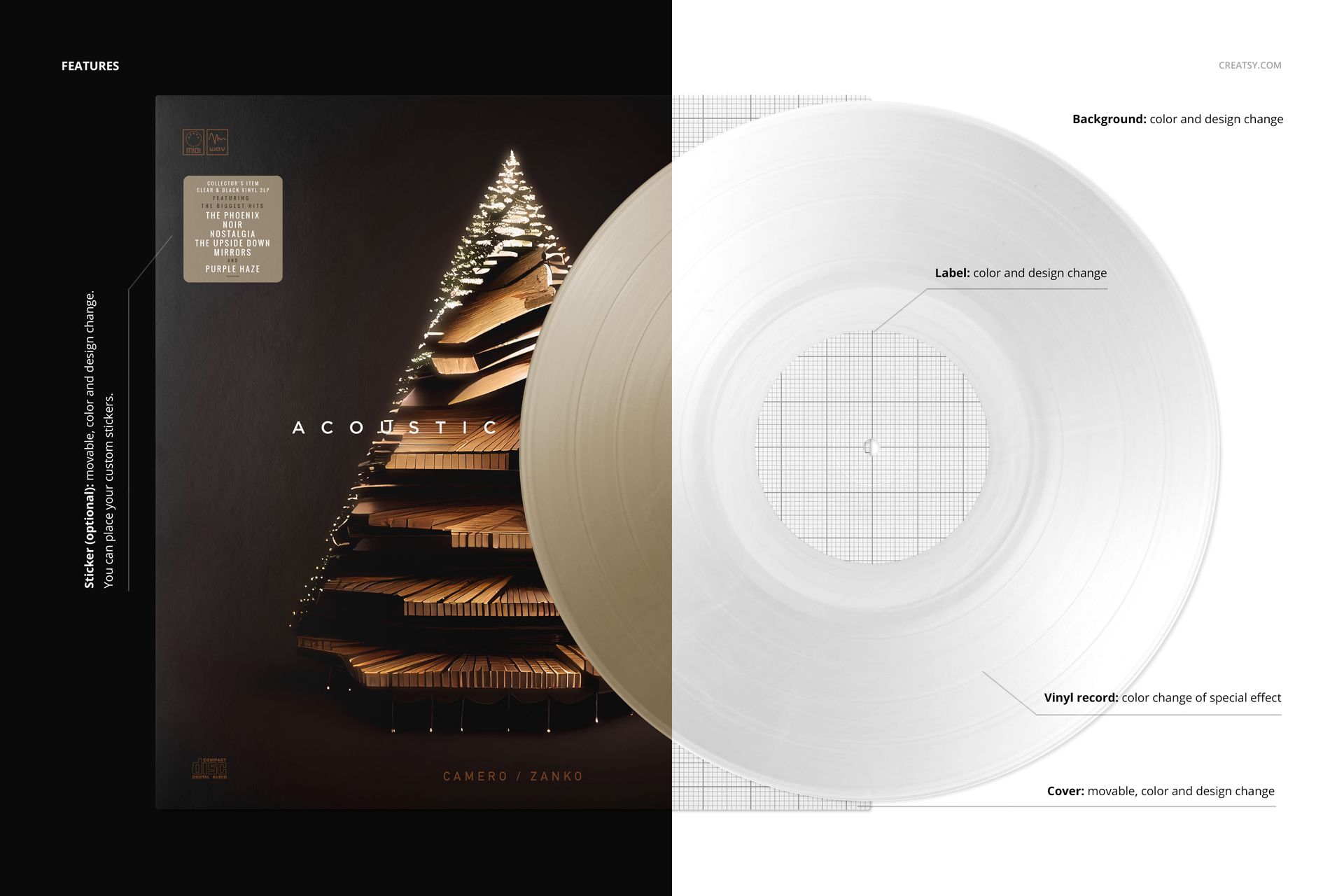 Front view of a vinyl record and cover mockup with split effect, showing one side in gold and black and the other in white.