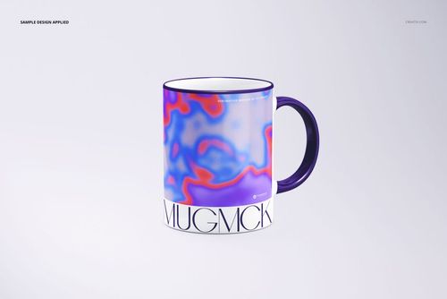 Front-facing ceramic mug mockup with colorful abstract design, purple accents, and clean white backdrop.