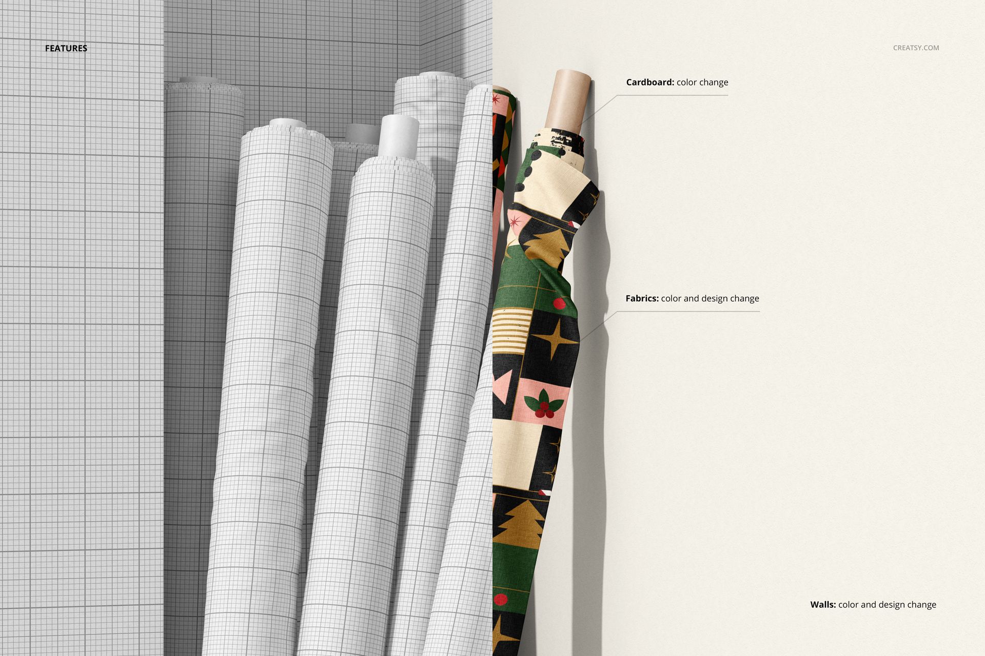 Fabric rolls mockup split into two sections, left with plain grid texture, right with festive patterned fabrics.