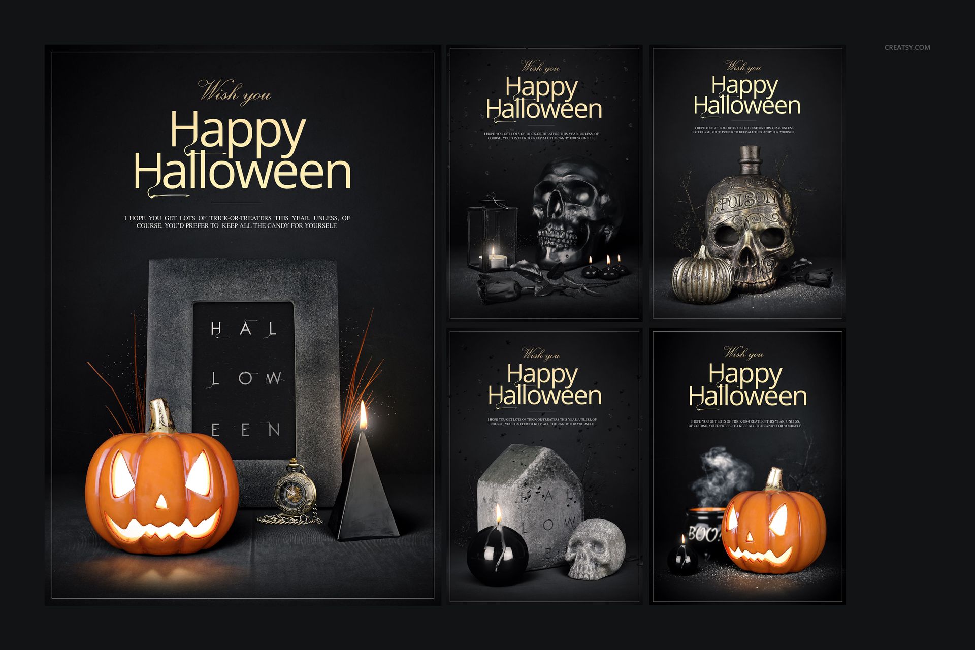 Halloween PSD mockup featuring a glowing jack-o'-lantern, skulls, potion bottles, candles, and dark textured background.