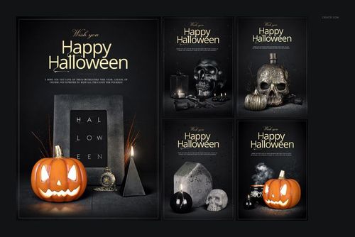 Halloween PSD mockup featuring a glowing jack-o'-lantern, skulls, potion bottles, candles, and dark textured background.