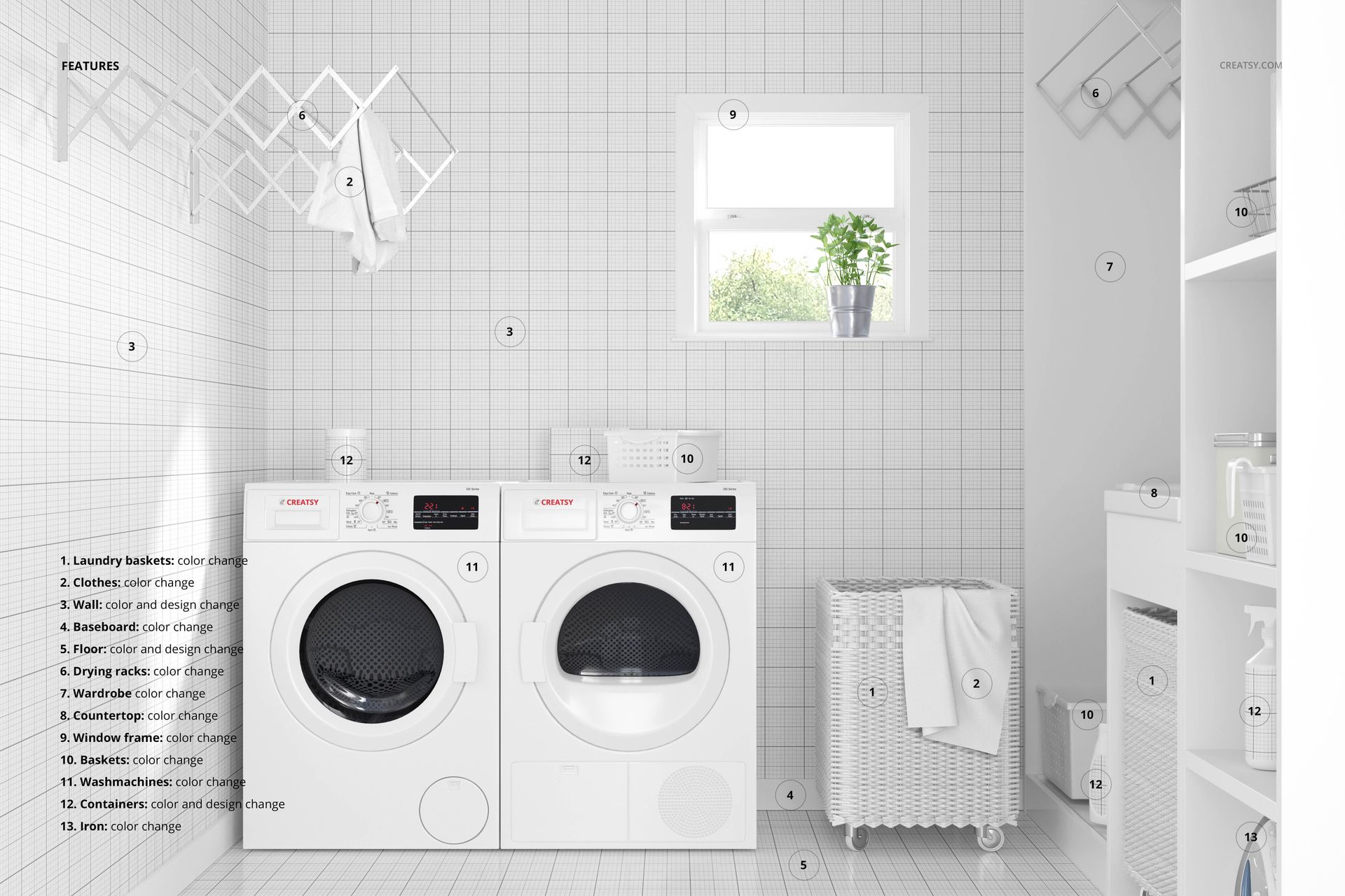 Modern laundry room mockup with white washing machine and dryer, wicker basket, tiled walls, and window view.