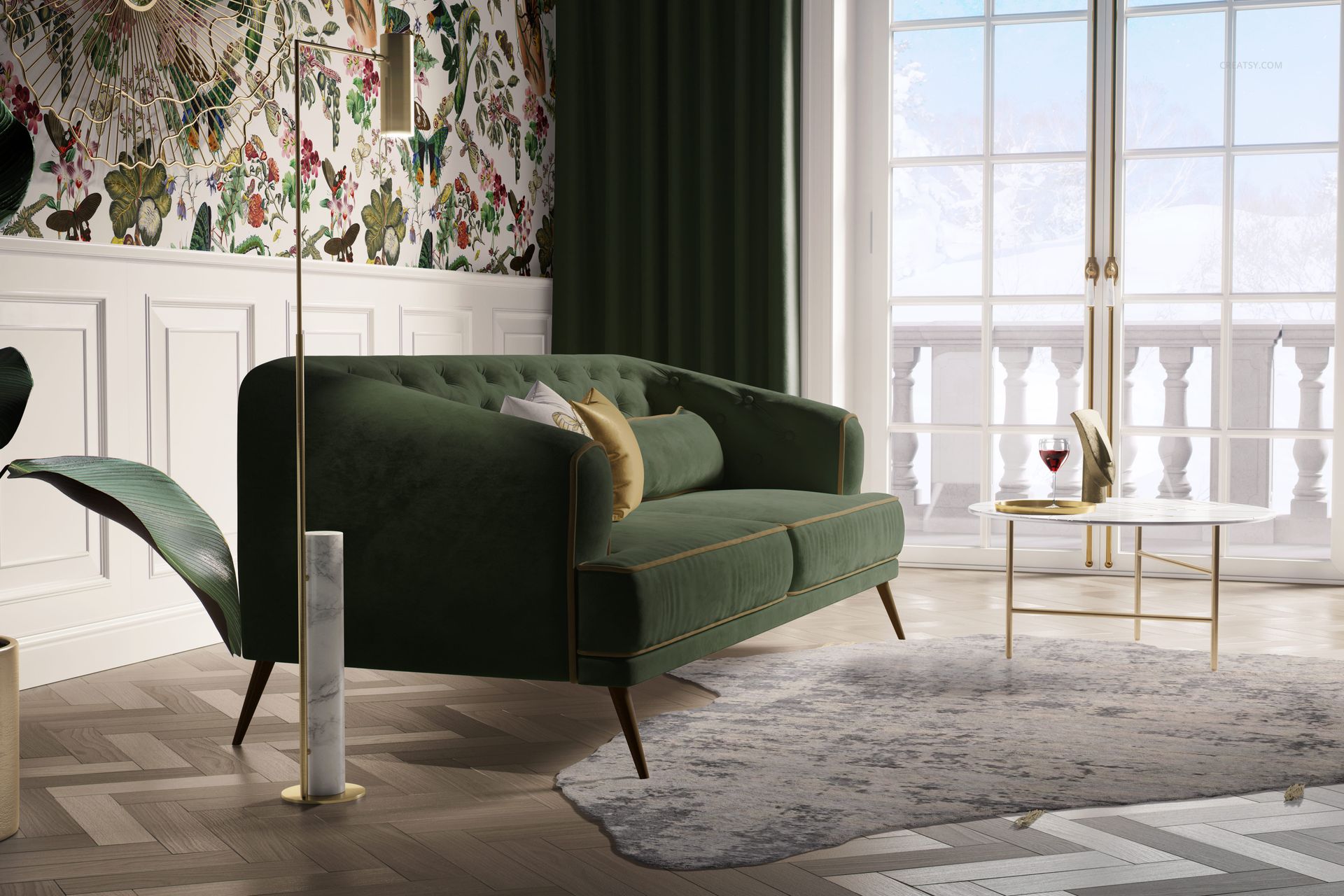 Front view of a stylish living room mockup featuring a green sofa, decorative pillows, and a textured gray rug.