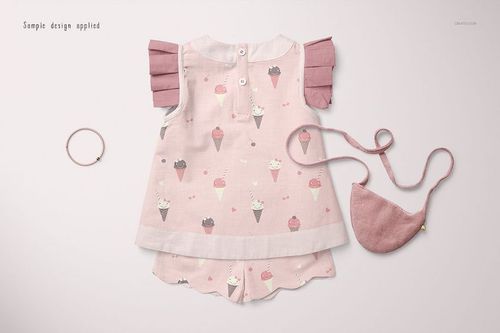 Baby blouse and shorts set mockup with pink ice cream pattern, front view, displayed with matching headband and purse.