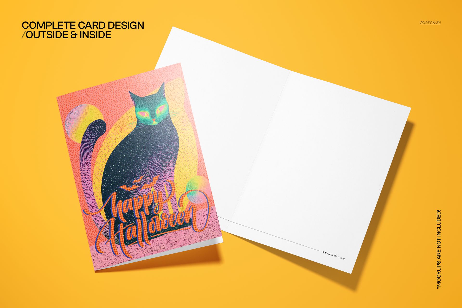 PSD mockup of a folded 5x7 card with a vintage Halloween design, black cat and vibrant colors, shown on yellow surface.