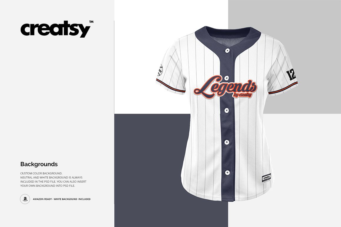 Front view of a women's baseball jersey mockup with vertical pinstripes, navy button placket, and embroidered text on white background.