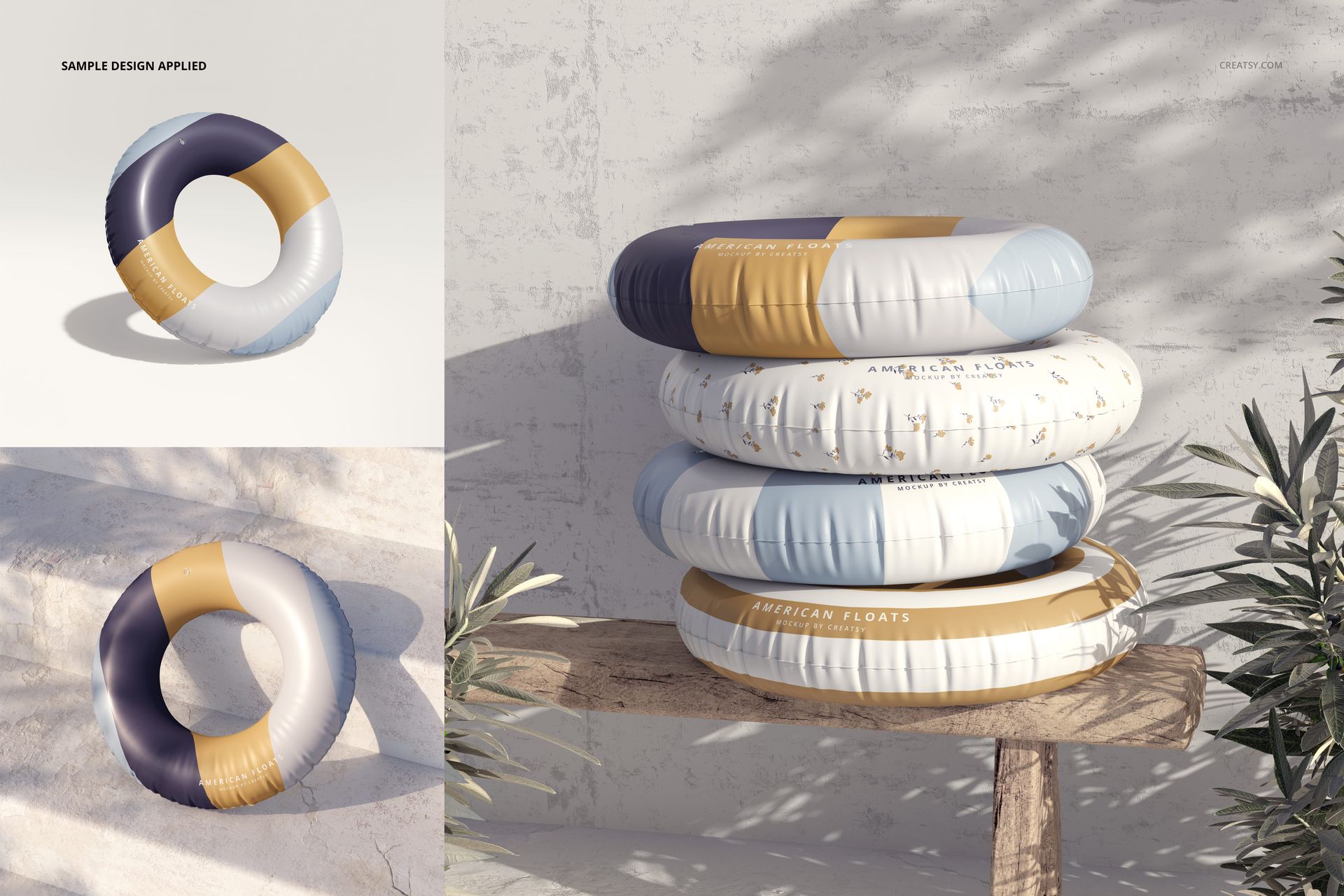 PSD mockup displaying several inflatable swim rings in mixed colors and designs, arranged outdoors near plants.