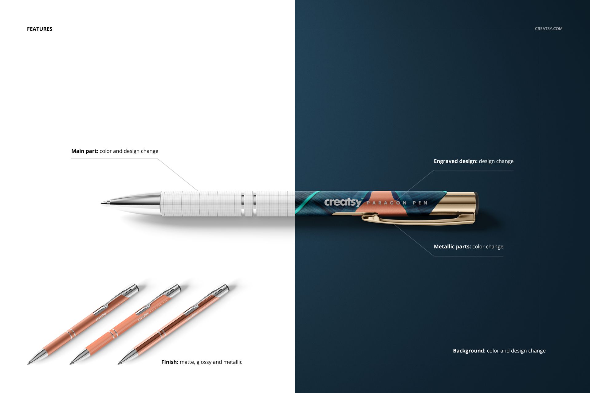 Stationery pen mockup set featuring a sleek ballpoint pen with customizable design, shown in close-up on split backgrounds.
