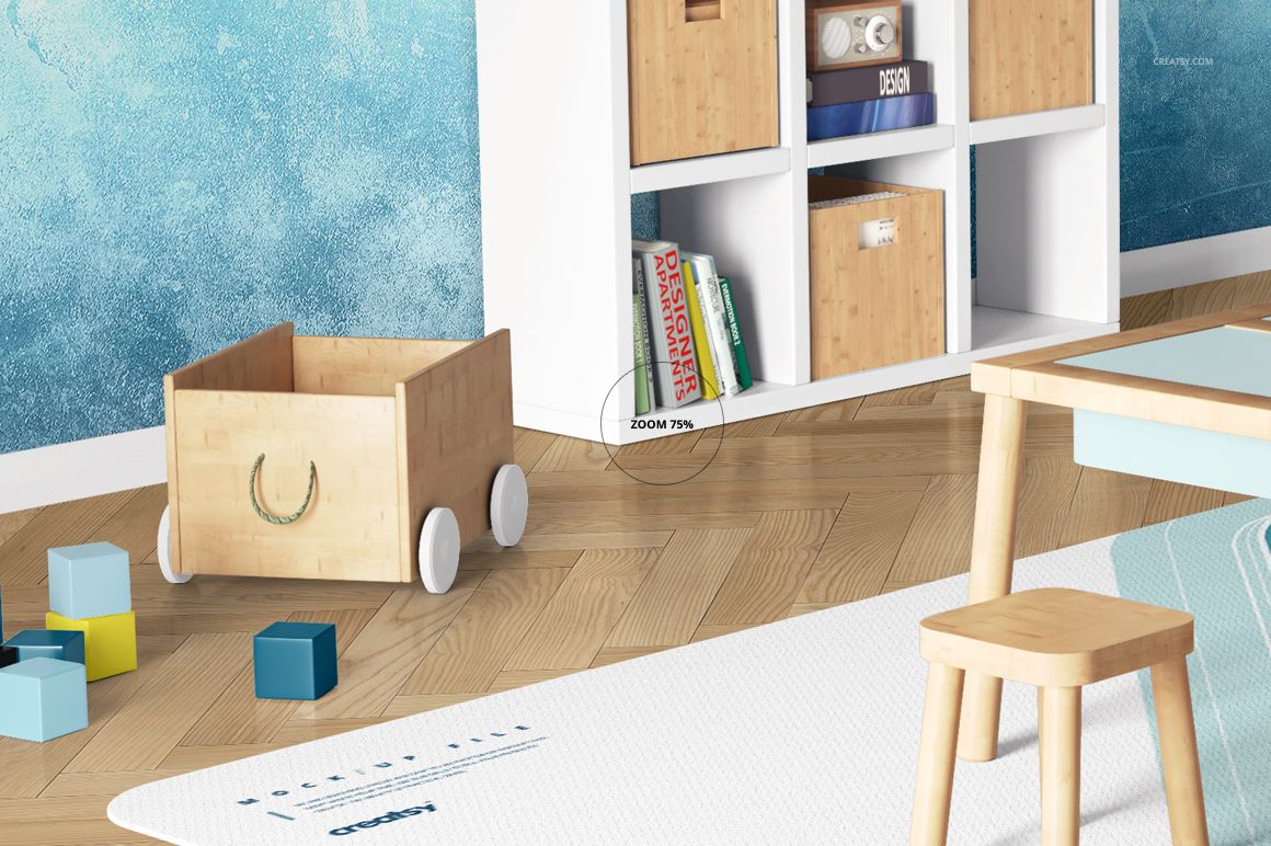 Kids room carpet mockup showing a rectangular white carpet on wooden floor, near wooden toys and furniture.