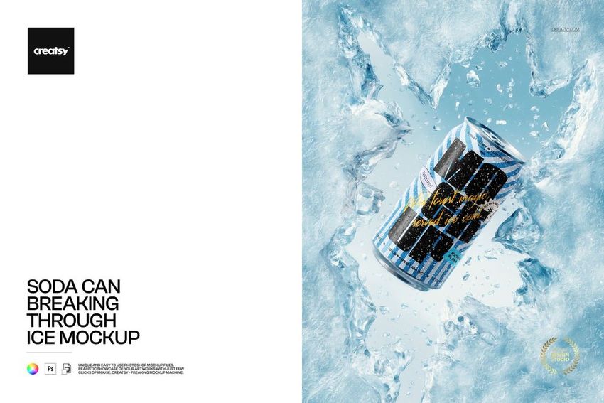 Soda can mockup with a blue and silver design breaking through cracked ice, shown from a front angle.